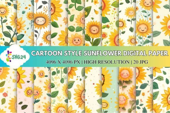 Download Cartoon Style Sunflower Digital Paper - Premium Resources